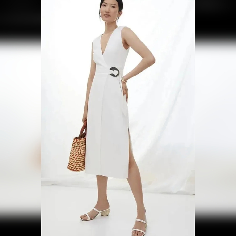 Anthropologie HUTCH S White Waffle Knit Wrap Midi Dress Belted Elegant Classic
